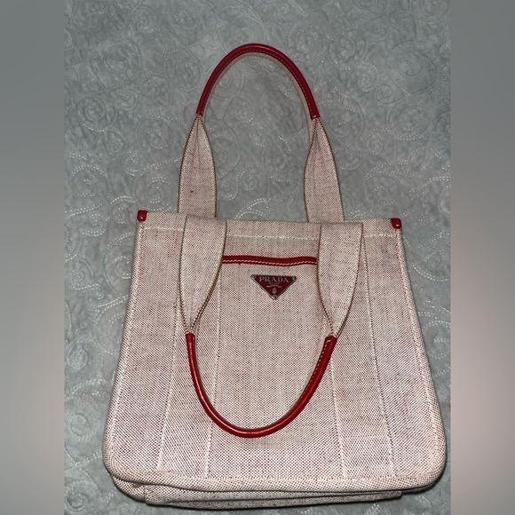 Prada Authentic Canvas Tote with Red Leather Trim - Picture 2 of 9